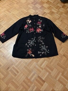 Silk Land Black Embroidered Floral Button-Front Women's Jacket